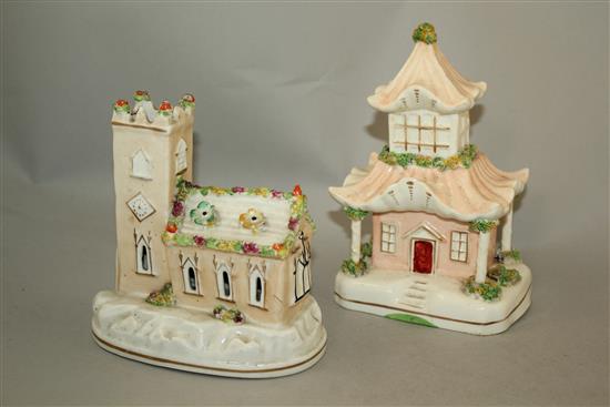 Three Staffordshire porcelain models of toll houses and another of a church, mid 19th century, height 11.5 - 18cm